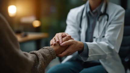 Doctor comforting patient by holding hands during medical consultation. Compassionate healthcare and emotional support concept in modern clinical environment with warm lighting.
