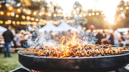 Outdoor barbecue with grilling chicken skewers at a festive summer event