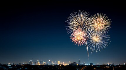 Vibrant Fireworks Exploding Over City Skyline at Night with Bright Colors and Festive Atmosphere