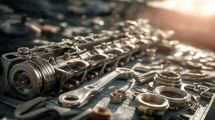 Obraz premium Automotive engine close-up with tools on workbench, precision and craftsmanship in focus.