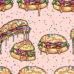 Playful burger pattern design with colorful toppings and dripping sauce illustration