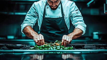 Professional chef delicately preparing a gourmet dish in a restaurant kitchen