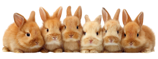Six small brown and beige baby rabbit sitting in row looking forward with soft fur and curious expression isolated on transparency background