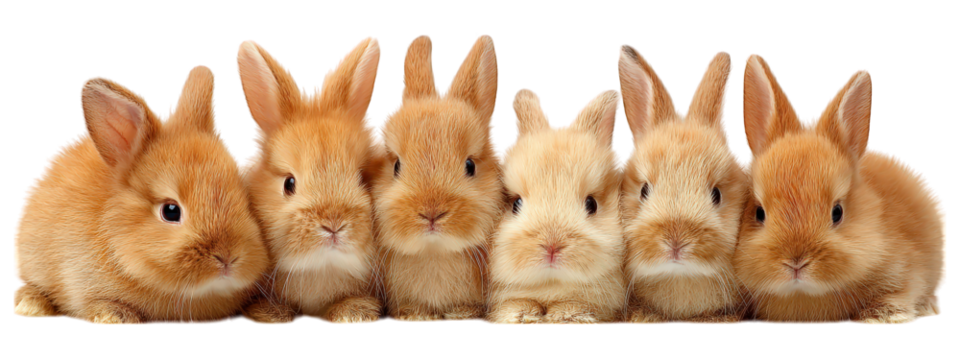 Six small brown and beige baby rabbit sitting in row looking forward with soft fur and curious expression isolated on transparency background