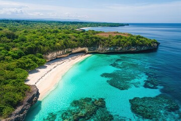 Fototapeta premium Secluded, pristine beach with white sand, turquoise water, and lush greenery. Coral reefs visible offshore