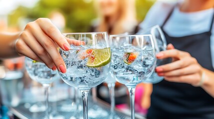 Refreshing Gin and Tonic Beverages Served by a Bartender at an Outdoor Event