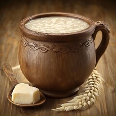 Rustic breakfast scene featuring oatmeal in a handcrafted wooden bowl setting