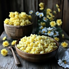 Rustic charm: Wooden bowls filled with millet porridge and daisies on a wooden table