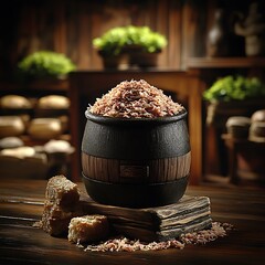 Rustic charm: A brimming pot of shredded meat nestled in a cozy kitchen setting