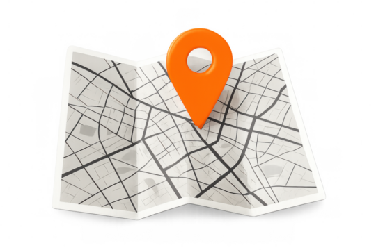 Folded city map with an orange location pin showing the destination point on a transparent background