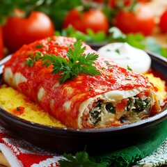 Savory stuffed crepe with tomato sauce and greens offers a delicious healthy meal