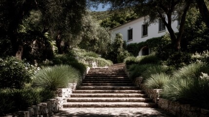 Obraz premium Stone Steps Leading to Luxurious Villa in Scenic Garden