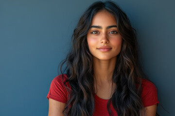 Young Woman with Long Dark Hair Against Blue Wall