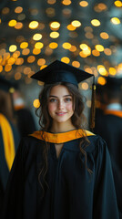 Smiling Graduate in Cap and Gown Under Lights