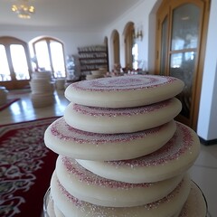 Stack of traditional flatbreads adorned with sprinkles on a table indoors