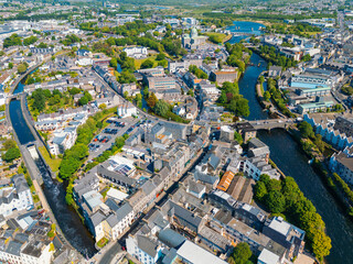 An aerial perspective of Galway, Ireland, showcasing the Corrib Rive