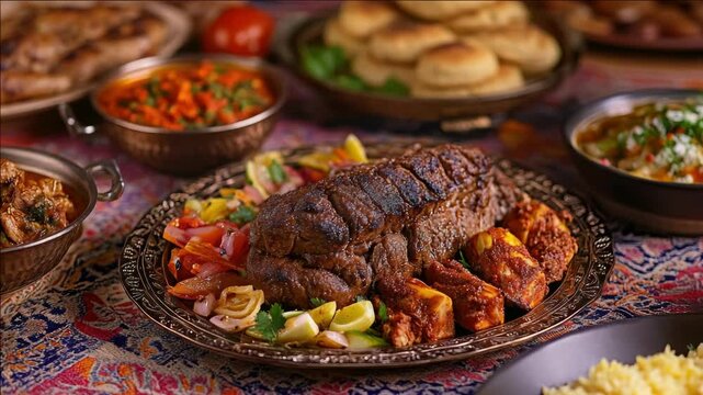 Variety of Indian foods including kebabs, naan bread, dal makhani, and butter chicken with rice, papadums, and sweets. Colorful presentation on tablecloth.