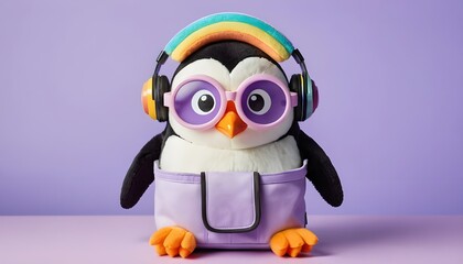 Obraz premium A penguin toy with rainbow visor glasses, fuzzy earmuffs