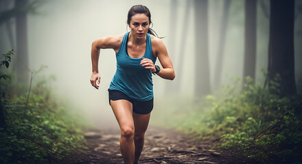Trail Running Woman Fitness, Nature, and Determination in the Misty Forest