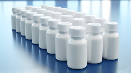 Numerous white plastic pill bottles are neatly arranged in rows on a blue surface, likely a conveyor belt.

