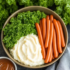 Vibrant Bowl of Nutritious Food Featuring Kale, Mashed Potatoes, and Carrot Sticks