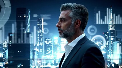 Professional businessman in suit analyzing financial data charts and graphs. Corporate executive contemplating digital analytics interface with city skyscape background at night. - Powered by Adobe