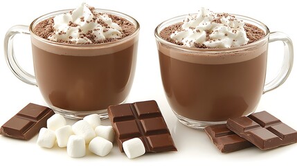 Warm indulgence: Two mugs of hot chocolate with whipped cream and marshmallows
