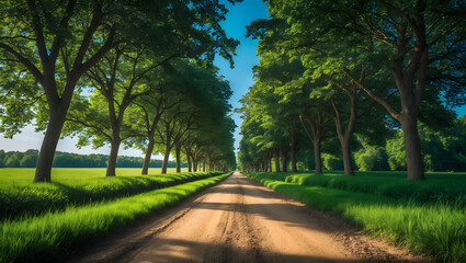 A dirt path through a park with lush green trees during the daytime in summertime. Ai Generative.
