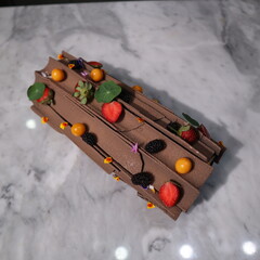 uncut chocolate roll cake topped with long chocolate chips and small fruits