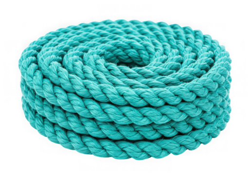 Coiled turquoise rope, nautical marine cord isolated on transparent background