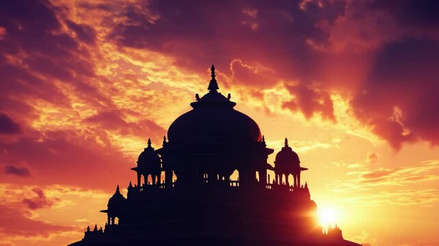 Stunning sunset over Sikh temple. Silhouette against sky with clouds.