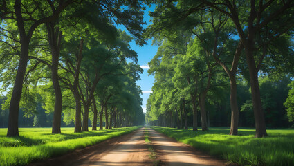 A dirt path through a park with lush green trees during the daytime in summertime. Ai Generative.