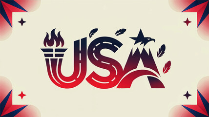 Obraz premium Patriotic USA Typography Illustration with Torch, Eagle, Feathers, and Red White Blue Gradient for American Themes