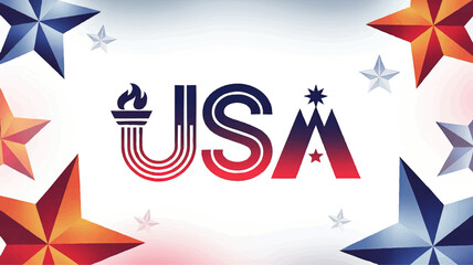 Patriotic USA Typography with Torch and Stars, Red White Blue Geometric Design, American Independence Day Celebration Background