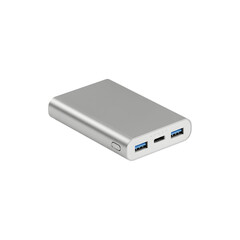 Silver external hard drive with USB ports