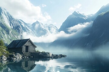 Serene lakeside cabin nestled amidst misty mountains.  Reflection in still waters