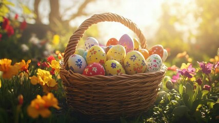 Basket of colorfully decorated eggs on a sunny day in a garden setting.