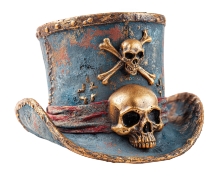 Weathered blue pirate hat with red band and golden skull and crossbones decorations, showing rustic and adventurous style with detailed textures and aged metal accents