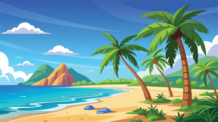 Tropical Beach Vector Landscape. Summer Ocean Scene with Palm Trees and Sandy Shore. Paradise Island Scenery for Vacation Wallpaper or Background © revpy