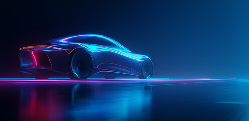 On a black background, colorful light bands outline the car's contour, with dynamic lines presenting a tech - futuristic car image.
