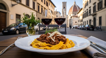 Tagliatelle al Rag&ugrave; with Bologna cityscape background and luxury dining setup
