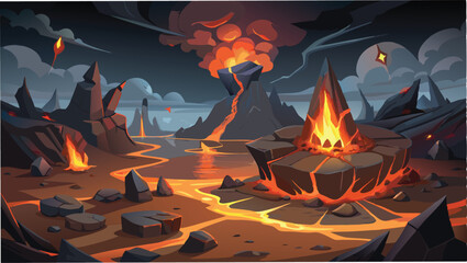 Volcano Eruption Vector Landscape. Mountain with Lava and Smoke Scene. Hot and Dangerous Nature Background for Poster or Game Design © revpy