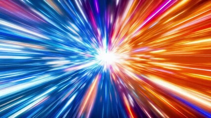 Abstract light speed burst with colorful radial rays. Dynamic energy explosion, neon streaks, motion blur effect. Futuristic digital background, bright luminous center, cosmic warp tunnel. - Powered by Adobe