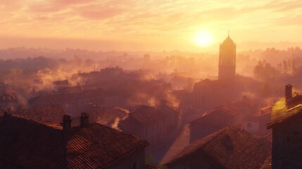 Obraz premium Sunrise over a misty medieval town