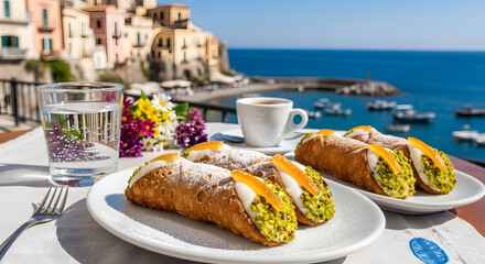 Cannoli Siciliani served at Sicilian street caf&eacute; with coastal view
