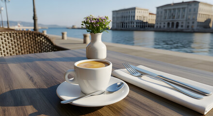 Italian espresso served at elegant Trieste street café with cityscape view