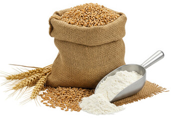 Wheat grains in burlap sack with flour isolated on transparent background