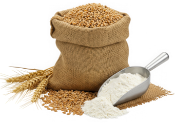 Wheat grains in burlap sack with flour isolated on transparent background