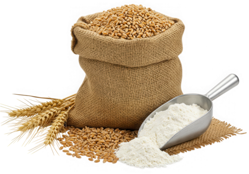 Wheat grains in burlap sack with flour isolated on transparent background