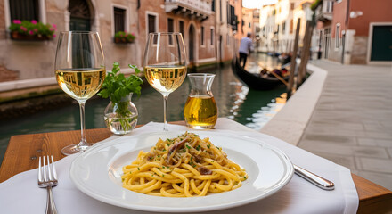 Bigoli in Salsa served at Venetian street restaurant with canal view
